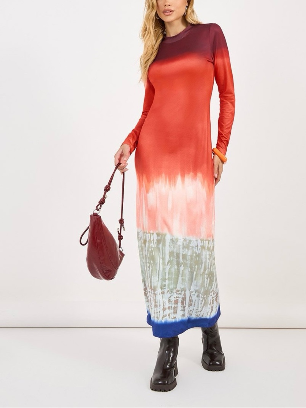Commense Ombre Tie Dye Maxi Dress Sunset Gradient Long Sleeve Turtleneck L